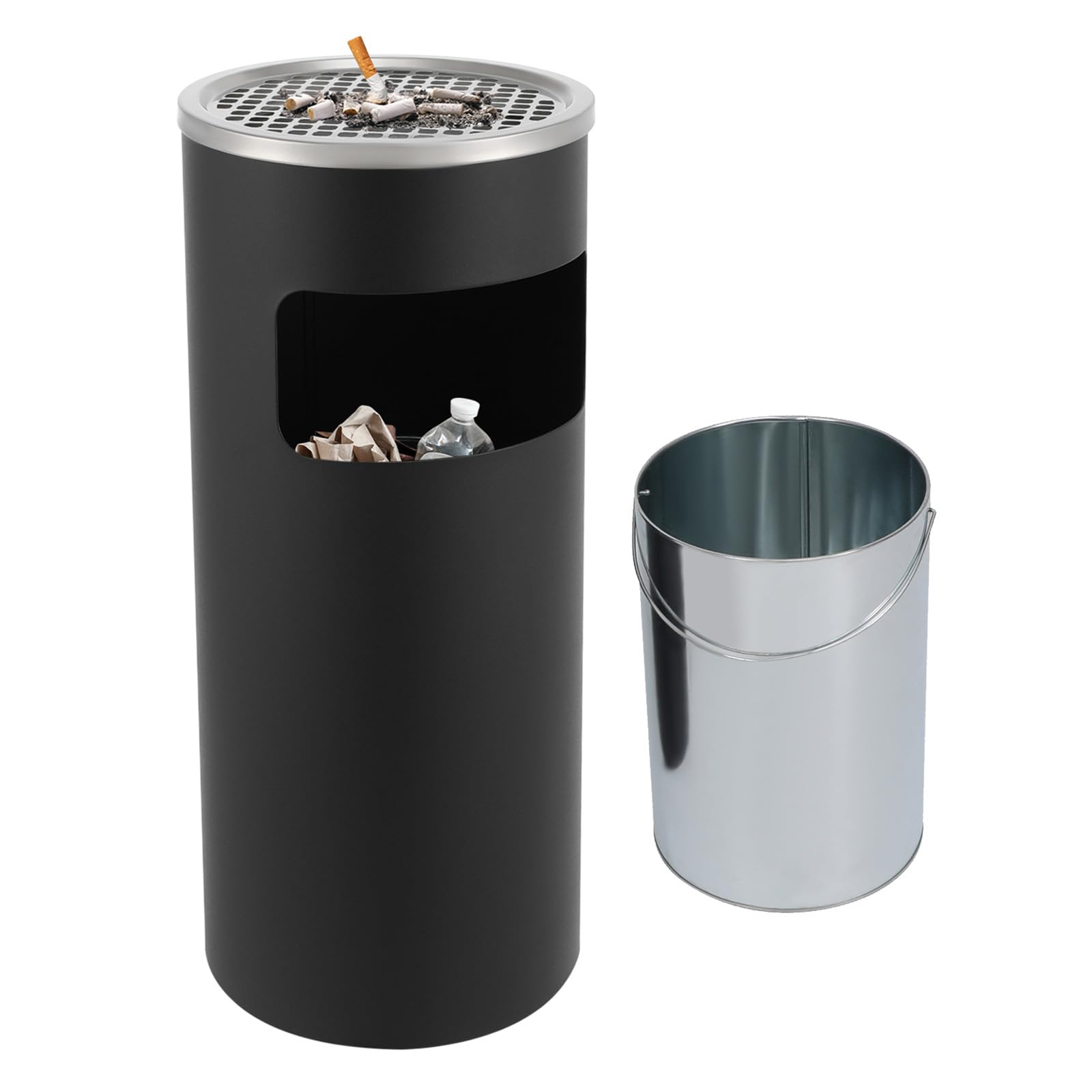 Posacenere in acciaio inox 2 in 1 con pattumiera, 15 litri, Ø 25 x 61 cm, posacenere con secchio interno, grande posacenere per esterni, esterni, autoportante (nero)