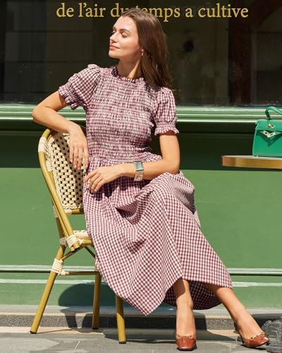 Image of RIHOAS Plaid Gingham Midi Dress Short Sleeve Smocked Dresses for Women | Cotton,Ruffle Puff Sleeves,Vintage Brown,Spring Summer Casual Daily,Picnic,Travel,Vacation,Christmas Festive Occasions