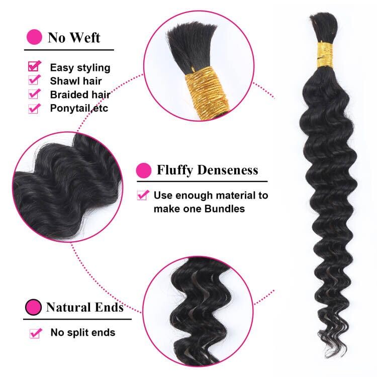 Miniatura 3 de Extensiones de cabello humano ondulado profundo de 18 pulgadas para trenzar sin trama, 100% sin procesar, brasileño, mojado y ondulado, rizado,