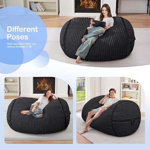 Image of 4FT Bean Bag Chair 4'Big Bean Bag Chairs with Adults, Large Beanbag Chair | Bean bag Lounger with Machine Washable Cover Corded Plush Fabric, Comfy Chairs for Living Room Bedroom Dorm, Black