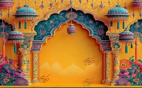 Image of S2S Yellow Arch Backdrop Cloth for Pooja Decoration Traditional, Background Decoration Cloth | Curtain Cloth for All Festival, Functions & Ceremonies - (5 x 8 Feet) (Yellow Arch)