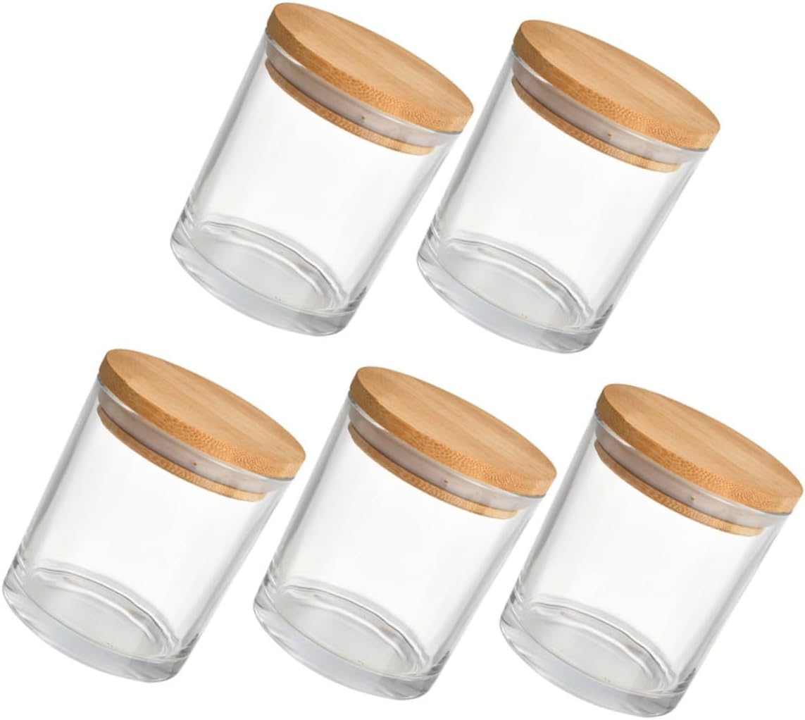 HOMSFOU 5sets Empty Glass Candle Jars Modern Lid Design Glass Candle Cups Home Desktop Decor