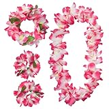 GHGMAO Hawaiian Leis Luau Party Wreath Set - Flower Necklace Headband and Bracelets, Great for Beach Wedding Birthday Holiday Hawaii Theme Party Activity Graduation Decoration (Pink)