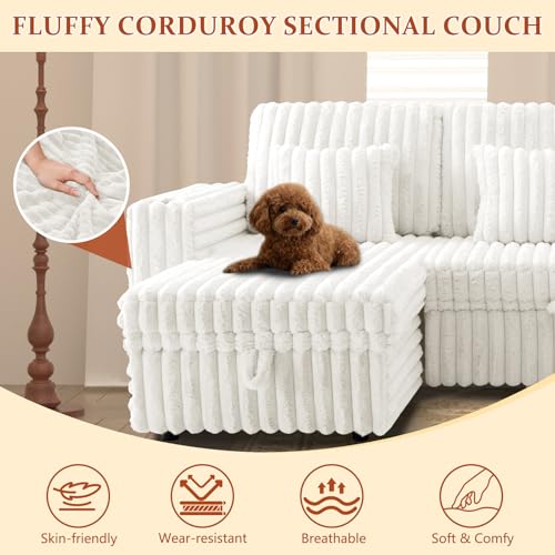 Image of 124'' Sectional Sleeper Sofa with Pull Out Bed, Storage Chaise, Adjustable Backrest, USB Charger, Cup Holder & Side Pocket, Fluffy Soft Corduroy U Shaped Couch for Living Room, Beige