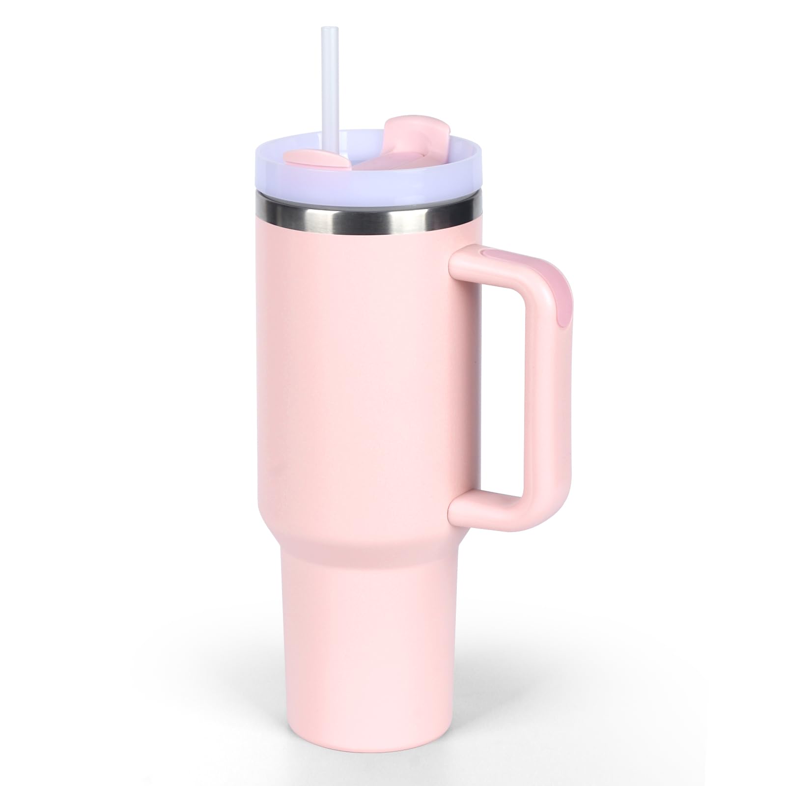 40oz Tumbler, Travel Coffee Tumbler with Straw Lid and Handle, Insulated Coffee Cup for Hot & Cold Coffee, Stainless Steel Travel Mug, Metal Water Bottle, BPA Free（Pink）