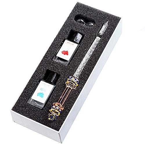 Glass Dip Pen Writing Case with 2 Bottle Inks & Glass holder, Dream Standy Series Calligraphy Pen Set - Colourful Dip Pen Great Individualize Gift Pen Set
