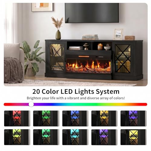 Image of BREEZEHEAT Fireplace TV Stand for TVs up to 90 inch, 3-Sided Electric Entertainment Center with 40 inch LED Fireplace, Media Console w /Storage Cabinet & Glass Doors, 79Inch, Black