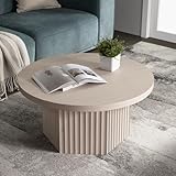 SICOTAS Round Coffee Table for Living Room, Mid Century Modern Fluted Center Coffee Table with Storage, 32' Circle Accent Tea Dining Table for Apartment, White Alder