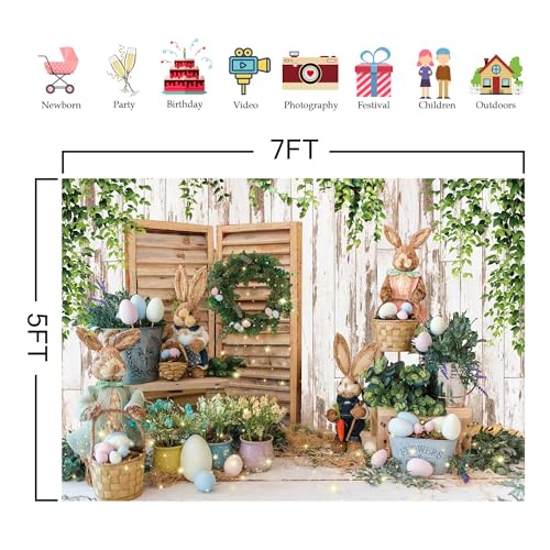 Felortte 7x5ft Polyester Spring Easter Backdrop Rustic White Wooden Wall Colorful Eggs Rabbit Photography Background for Birthday Baby Shower Party Decor Portrait Banner Photo Booth Studio Props by Felortte - Image 5