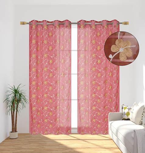 Image of Homefab India Embroidery Floral Net Transparent Sheer Curtain - 7X4 Feet, Door Curtains, Maroon, Pack of 1 Pc