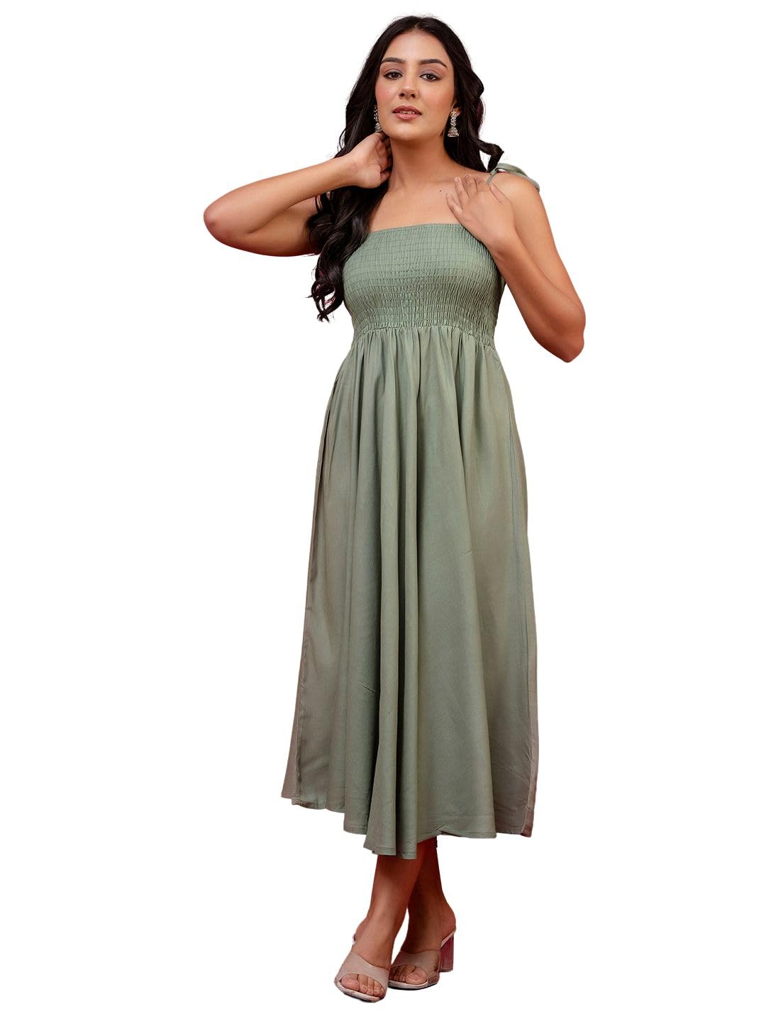 feranoid Smocked Solid Sleeveless Women Dress