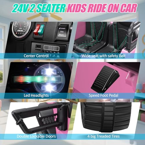 Hikole 24 Volt 2 Seater Ride on Car for Kids, Powered Wheels with Remote Control, 24V Ride On Toys Two Seater for Big Boys Girls, 20\" Spacious Seat, 3 Speeds, LED Lights, Music, Bluetooth