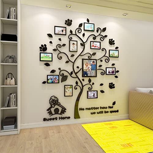 3D Black Trunk Leaves Dog Wall Stickers Happy Family Tree Decal Diy Decor Sticker With Four Diy Vertical Bars Photo Frames (Black Leaves, M) #TOP2