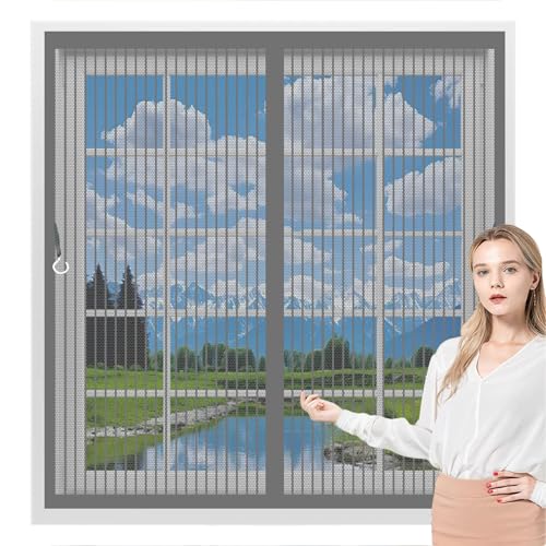 Fly Screen Curtain 148 x 126 cm with Powerful Magnets & Full Frame Magic Tape, Keep Bugs Out & Lets Fresh Air in Screen Mesh Curtain for All Types of Windows, Grey