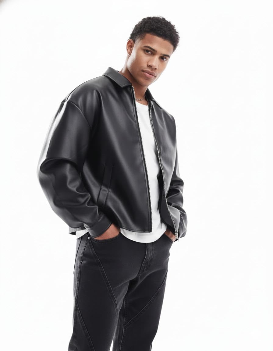 Black Faux Leather Oversized Coach Jacket | Stylish Streetwear Outerwear for Winter Travel Parties & Daily Use | Classic Design For Men & Women | Leather Plain Racing Sport Jacket With Pocket