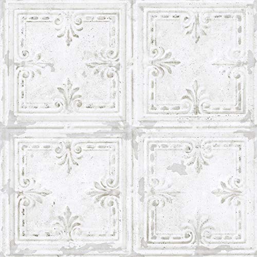 Roommates Rmk11209Wp White Tin Tile Metallic Accent Peel And Stick Wallpaper, Roll #TOP13