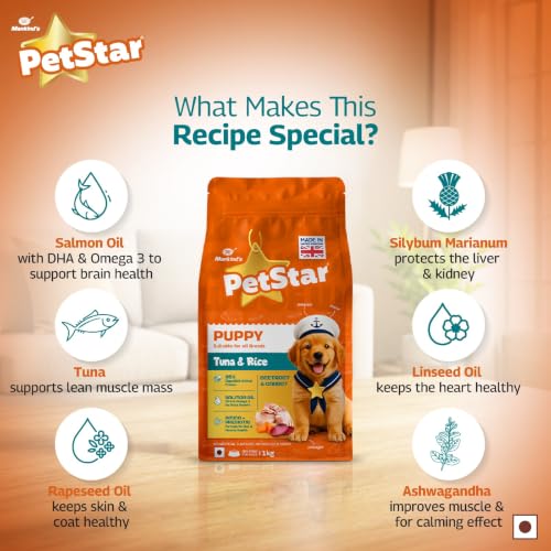 Image of Petstar Puppy Dry Dog Food 1 kg, Tuna & Rice Formula, High Protein, Easy Digestion, Immunity Support, No Artificial Flavours or Added Sugar