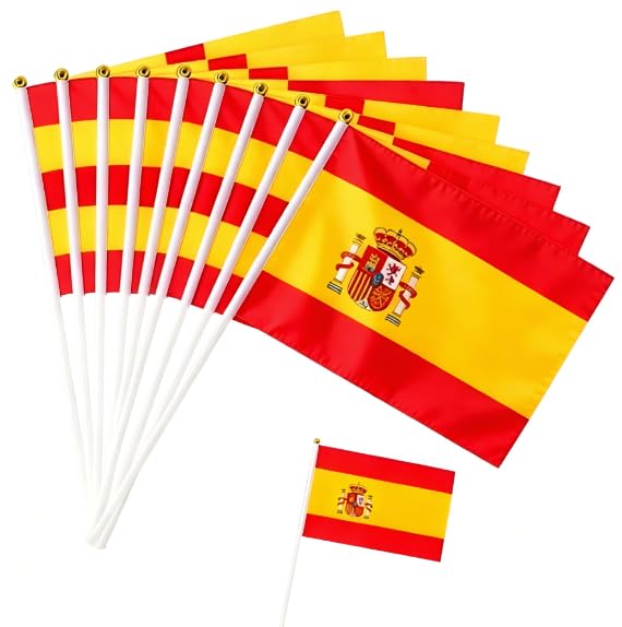 10Pcs Small Spain Flags on Sticks for Fifa World Cup Football 2026 Decoration 14X21cm Mini Spain Flag Hand Waving Flag for Spanish Day Womens Euro World Cup Football Sports Party Decorations