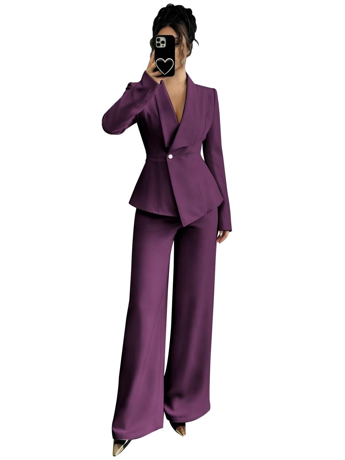 Pant Suits for Women Dressy 2 Piece Womens Pantsuit Long Sleeve Lapel V-Neck Formal Outfit for Wedding Guest
