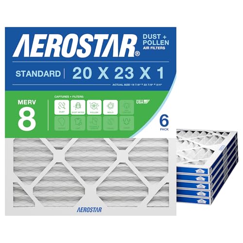 Aerostar 20x23x1 MERV 8 Pleated Air Filter, Dust and Pollen Control (6 Pack), AC Furnace HVAC Replacement, MPR 600 FPR 5, Made in USA (19.88 x 22.88 x 0.75)