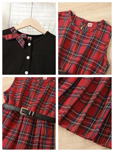 Image of PureChapter Girls' Preppy Clothes Plaid Vest Dress Cardigan Jacket Belt Cute Kids Clothes 7-14Y Green
