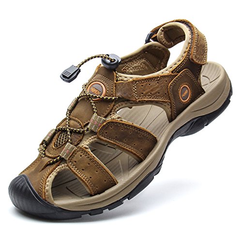 YoCool Herren Fisherman Sandalen Leder Geschlossene Zehen Athletic Sport Casual Strand Wasser Sandalen, hellbraun, 46.5 EU Cover