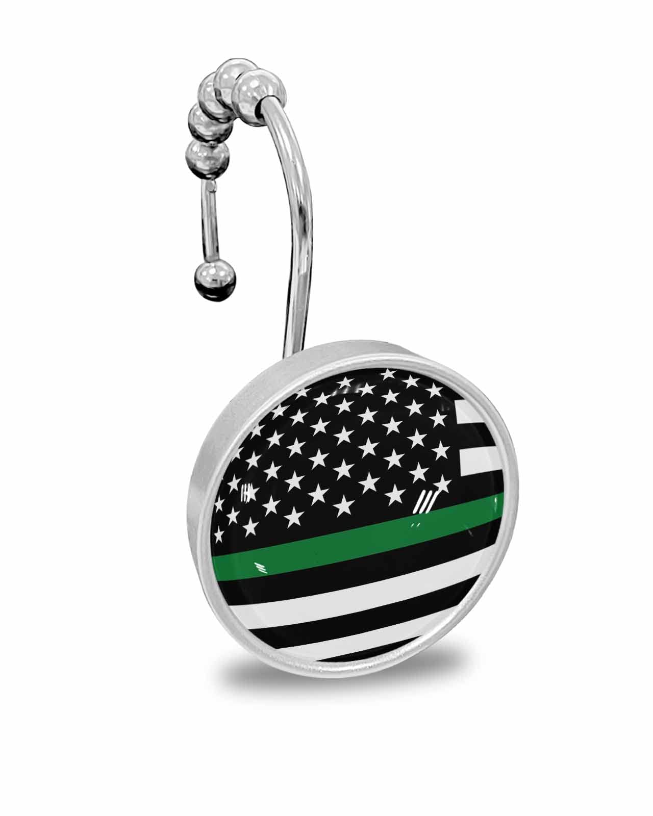 Shower Curtain Hooks for Bathroom, Green Line Flag Border Patrol, Park Ranger Conservation Officer Stainless Steel Rust-Proof Shower Hooks Crystal Glass Shower Curtain Rings for Bathroom - Set of 12