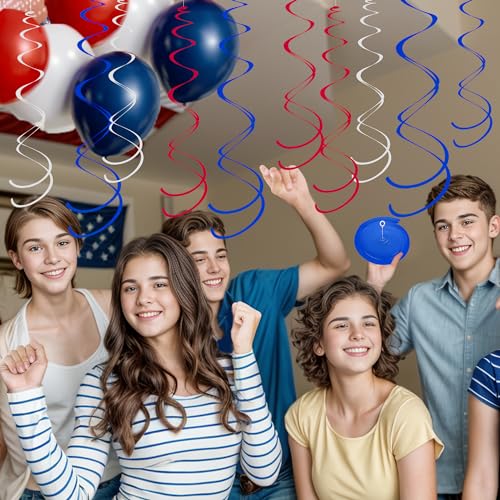 Image of Ceiling Swirl Foil Decorations Hanging Plastic Streamer Themed Swirl Party for 4th of July Graduation Celebration Labor Day, Pack of 28 (Blue Red and Sliver)