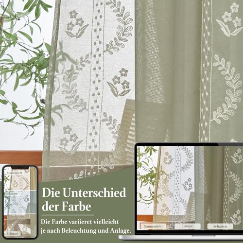 TOPICK Vorhänge mit Ösen Gardinen Wohnzimmer modern H145xB140 2er Set Grün – Ansicht 4
