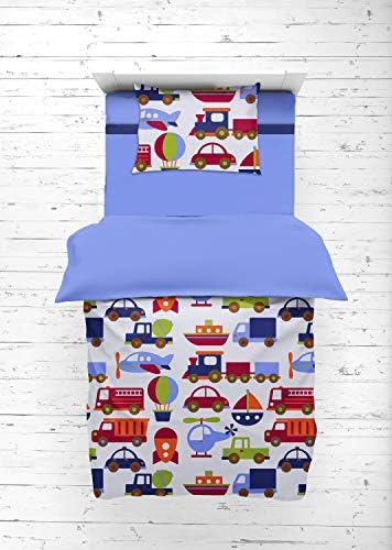 Bacati - Transportation Blue 4 Piece Boys Toddler Bedding Set 100 Percent Cotton Includes Reversible Comforter, Fitted Sheet, Top Sheet, and Pillow Case for Boys