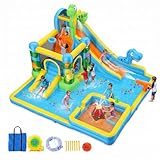 Aufblasbare Wasserrutsche Hüpfburg mit Gebläse für Kinder 3+ Jahre, Trocken-/Wasserrutsche, Dinosaurier Wasserpark mit 2 Rutschen, Planschbecken & Schwimmbecken, Basketballkorb, Wasserkanone