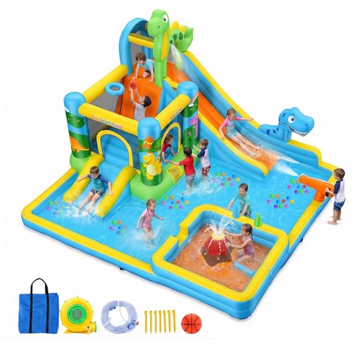 Aufblasbare Wasserrutsche Hüpfburg mit Gebläse für Kinder 3+ Jahre, Trocken-/Wasserrutsche, Dinosaurier Wasserpark mit 2 Rutschen, Planschbecken & Schwimmbecken, Basketballkorb, Wasserkanone
