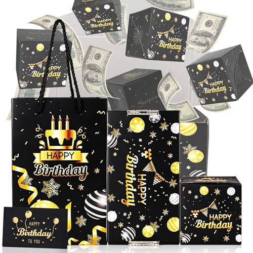 Happy Birthday Surprise Explosion for Money Pop Up Folding Bouncing Money Surprise Box with Greeting Card 12 Pcs DIY Novelty Cash Explosion Boxes for Birthday Christmas Party Black