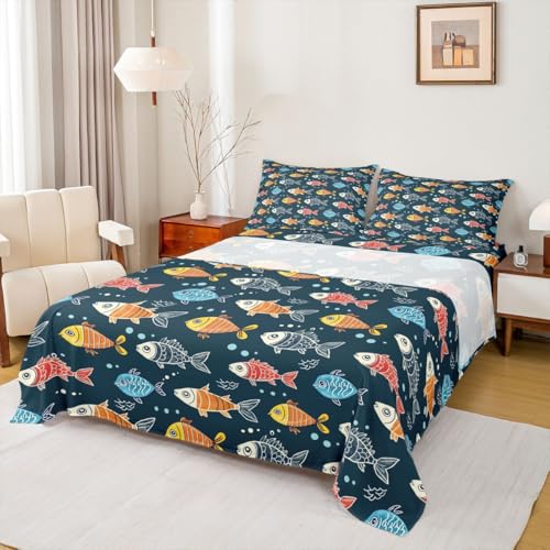 Image of jejeloiu Colorful Fish Bed Sheets Sets King Size Kids Boys Girls Funny Vintage Bedding Set Sea Animal Bed Sheet Set with 16-Inch Deep Pockets Summer Ocean 4Pcs with 2 Pillow Cases