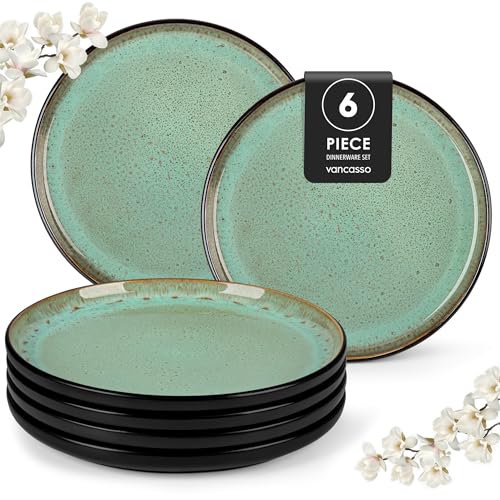 vancasso AMBER Ensemble de 6 Assiettes Plates en Grès - 26cm - Passe au Lave-Vaisselle et au Micro-Ondes, Design Élégant et Résistant - Glaçure Vert