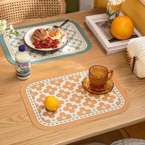 Image of Faux Leather Dining Table Placemats | Heat Insulation & Stain Resistant Waterproof Non Slip Dinner Table Mats | Perfect for Home, Kitchen, Restaurant, Office (Pastel Orange, Set of 6)
