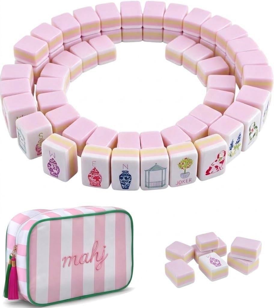 American Mahjong Tile Set with Pink Striped Carrying Bag, 160 Durable Acrylic Mahjong Tiles, Travel Mahjong Set for Game Night, Party, Vacation & Gift