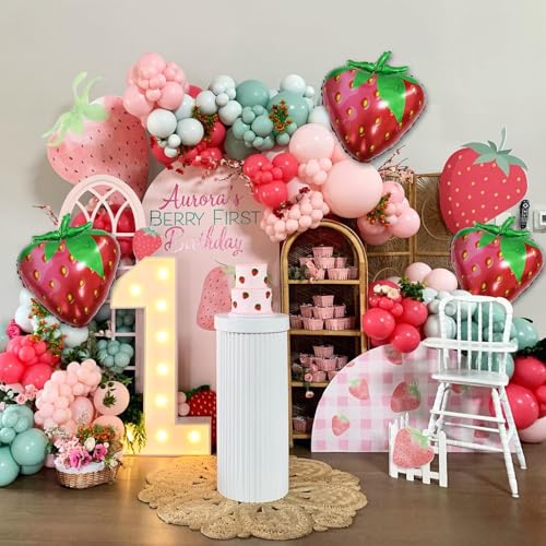 Image of JOGAMS 172Pcs Strawberry Balloon Arch Garland Kit with Pearl Pink Dusty Green Foil Balloons for Berry First Sweet One Strawberry Theme Birthday Baby Shower Party Decorations for Girls