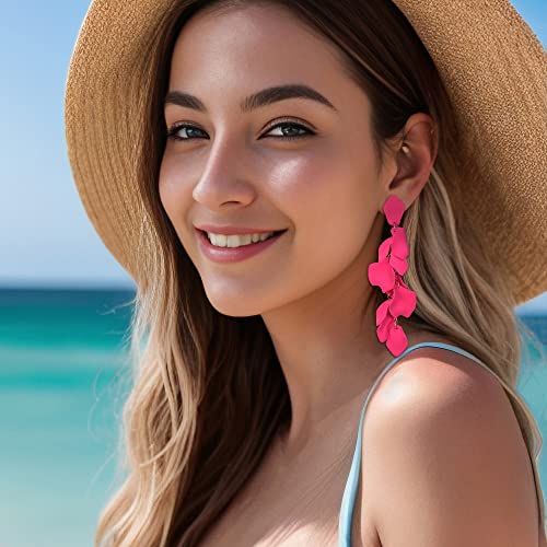 Flyonce Long Petal Earrings For Women Girls, Acrylic Hot Pink Rose Flower Petal Statement Dangle Earrings Summer Holiday Jewelry #TOP4
