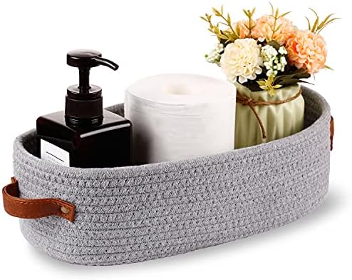 Oradrem Cotton Rope Small Woven Basket,Toilet Paper Basket,Room Storage Basket with Handles for Bathroom, 13"x5.9"x4" Gary