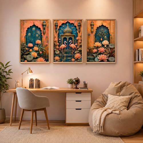 Image of Artify Set of 3 Lotus Palace Flamingo Wall Painting for Living Room Bedroom Hall Decor, Premium Wooden Synthetic Frame Artistic Gift