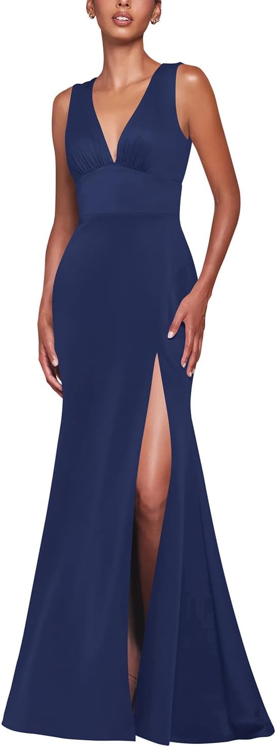 Women's Formal Evening Dresses Sexy Deep V Neck Sleeveless Open Back High Split Wedding Cocktail Party Long Dresses