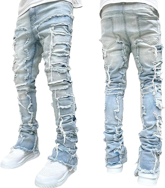 SANSIWU Jeans for Men Stretch Fit Skinny Stacked Ripped Destroyed Jeans Fit Y2K Stacked Patch Jeans Hip Hop Streetwear Straight Trousers - Image 6