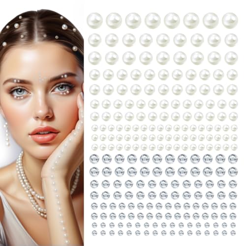 qiipii 4 Sheets Ivory White Flatback Pearls Rhinestones Stickers Self Adhensive Beige White 3-8mm Half Pearls Stick On Jewels Multi Sizes Gems Crystals Stick on for Nails Face Eyes Hair Makeup Crafts
