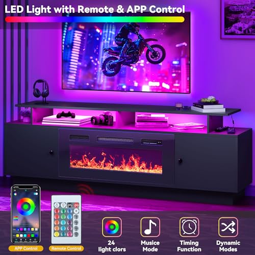 DWVO Fireplace TV Stand with 36" Electric Fireplace, Entertainment Center with LED Lights, Modern TV Cabinets for 65/75 Inch TVs for Living Room, Black