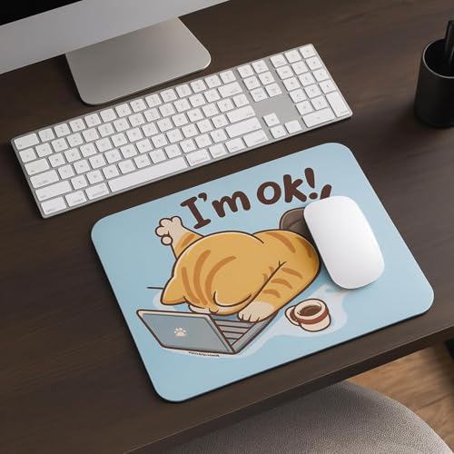 Image of Funny Cat Mouse Pad, 'I'm Ok' Cute Cartoon Design, Blue, Non-Slip Office Desk Accessory