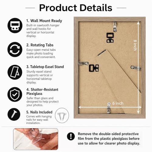 Image of JCJMY 6x8 Picture Frame Rustic Brown for Wall Hanging or Tabletop, Wall Mounting Horizontally or Vertically, 6 x 8 Wall Gallery Poster Photo Frame with Shatter Resistant Plexiglass, Rustic Brown