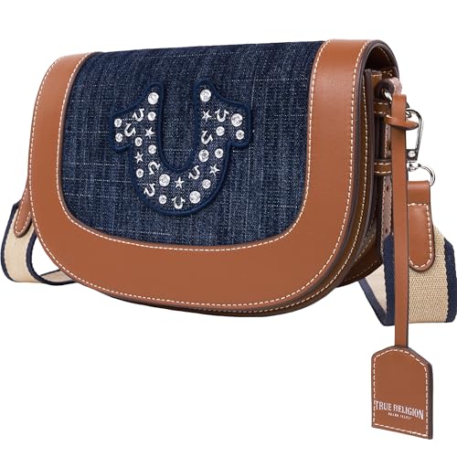 True Religion Women's Crossbody Bag, Denim Mini Flap Shoulder Handbag Purse with Studded Horseshoe, Dark Denim