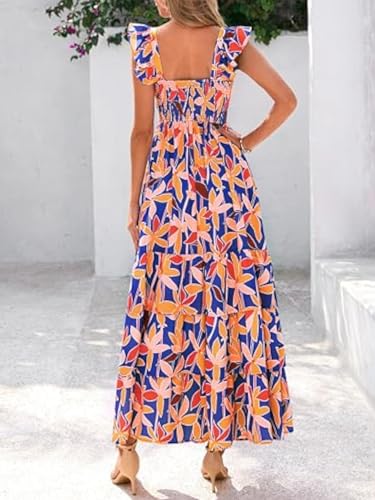 Image of 2025 Women's Summer Boho Floral Maxi Dress with Pockets - A-Line Smocked Tiered Ruffle Sleeveless Beach Sun Dress