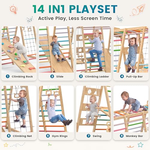 Image of BlueWood Upgraded Indoor Jungle Gym 14-in-1 Playground Kids Climbing Toys, Waldorf Style Wooden Climber Playset with Slide, Swing, Monkey Bars, Upright /Rope Ladder, Climb Net, Colorful